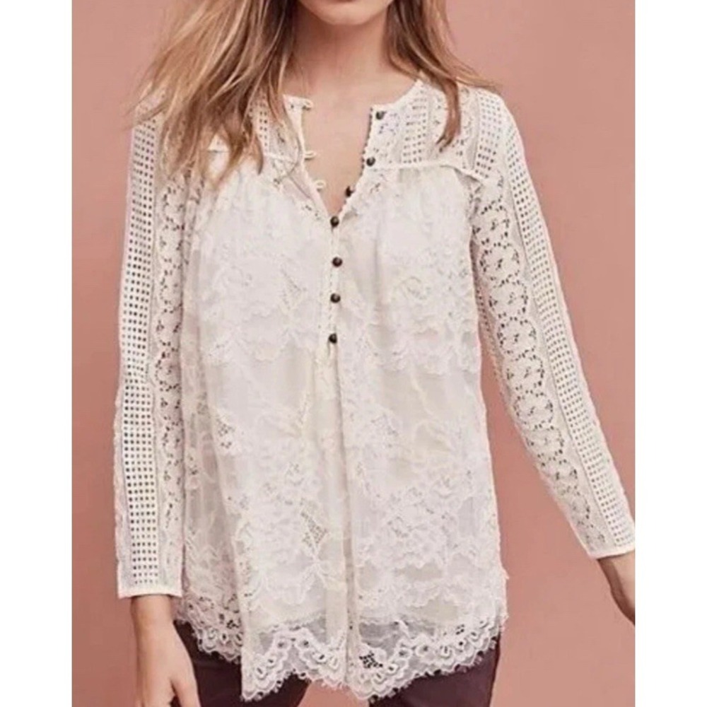 Anthropologie Floreat Sheer Lace Popover  Top Sz 8 Ethereal Fairycore Coquette
